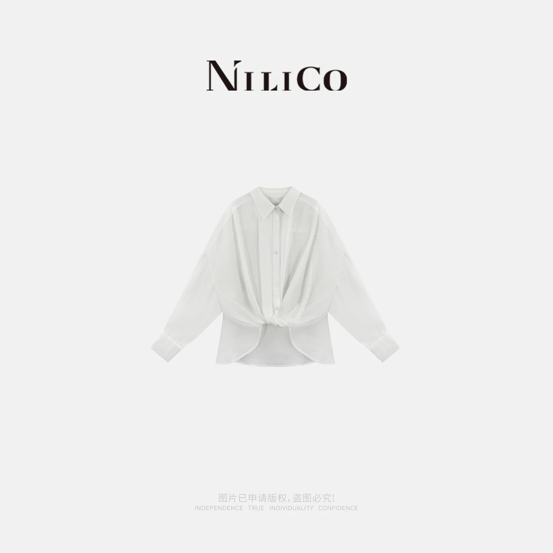 NILICO【雅致】100%苎麻气质翻领浪漫法式慵懒设计感交叉扭结衬衫