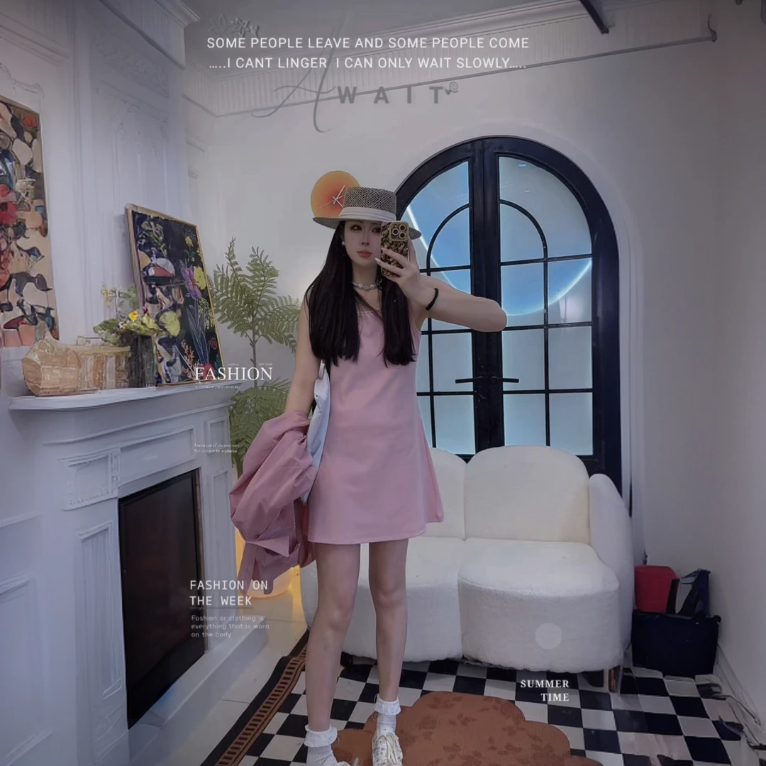 大萍子家 减龄粉色短款宽松遮肚子高腰显瘦气质连衣裙5060