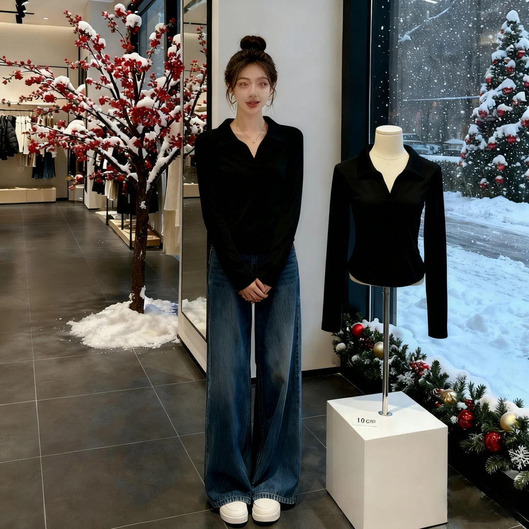 港风味POLO领长袖上衣女秋冬装黑色正肩2025新款打底衫女可外穿女