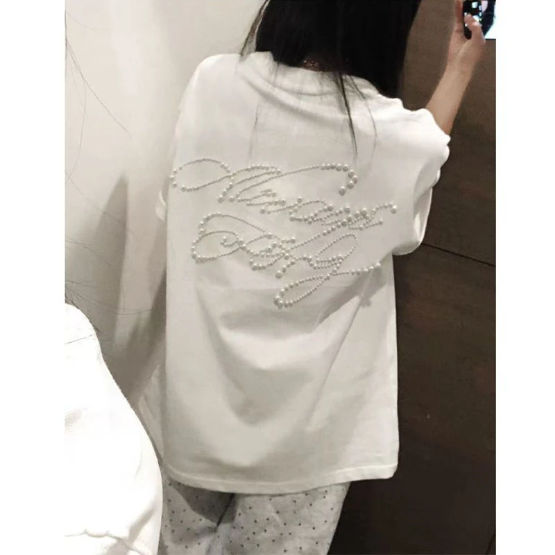 美式复古珍珠钉珠绣白色短袖T恤女夏季设计感慵懒宽松半袖上衣潮