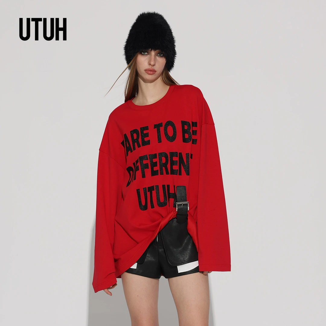 UTUH红色烫画宽松长袖T恤女不对称设计时髦慵懒感新款 TDWWW1T429
