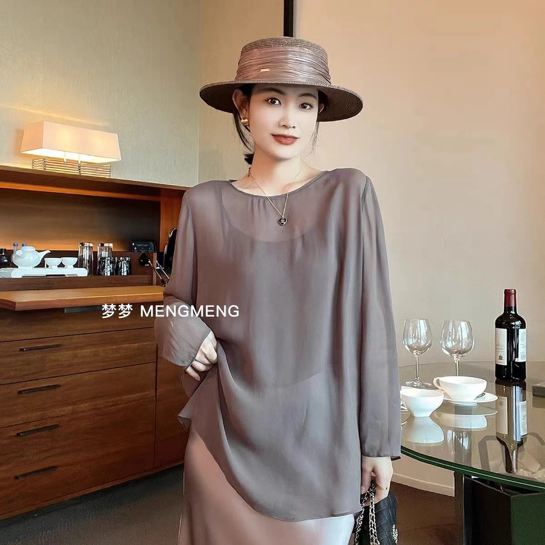 蚕丝乔其纱高级长袖防晒醋纤乔其衫MC033