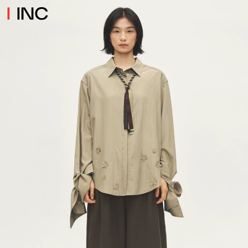 AVVENN 宽松翻领拼色领结立体花装饰衬衫女25PF秋季新款百搭IINC