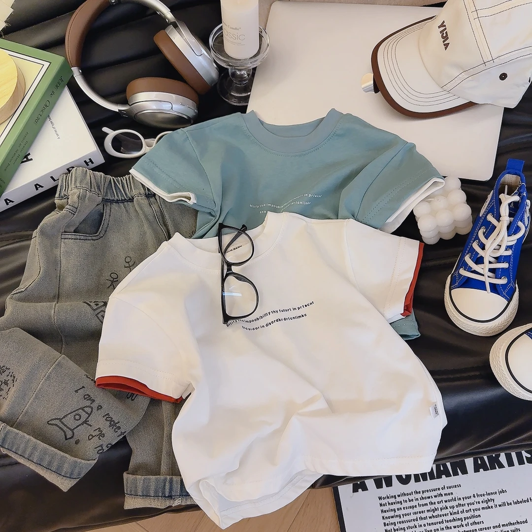 小童t恤叠袖韩版纯棉字母潮酷亲肤圆领百搭T恤