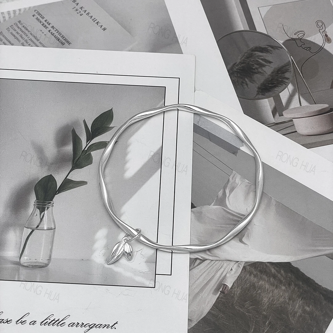 足银手镯 竹叶莫比乌斯闭口手镯光面足银999.9简约洋气手环生日礼