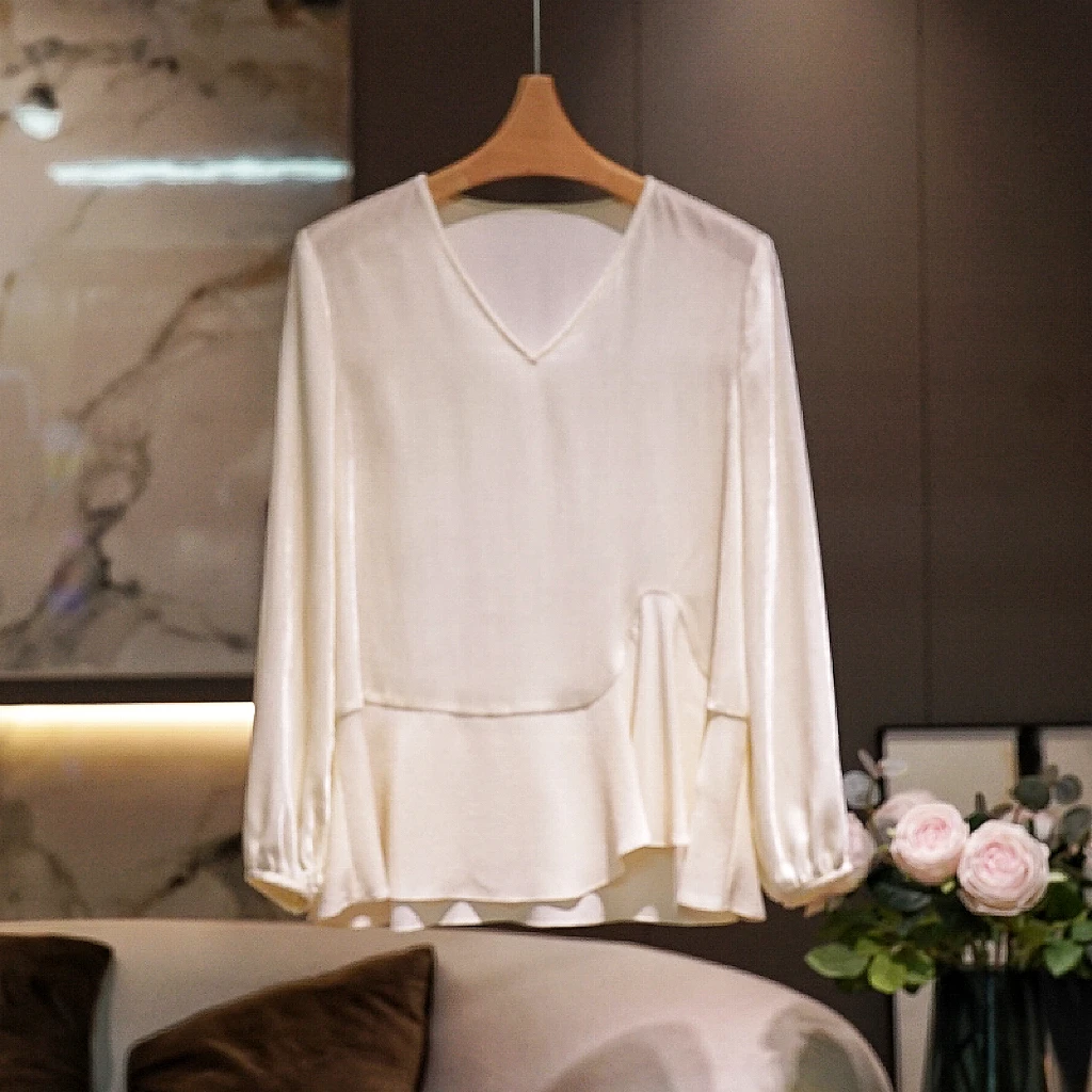 【重磅鬼绉拼接丝绒】V领衬衫女2024秋季新款时尚百搭轻奢女士上衣
