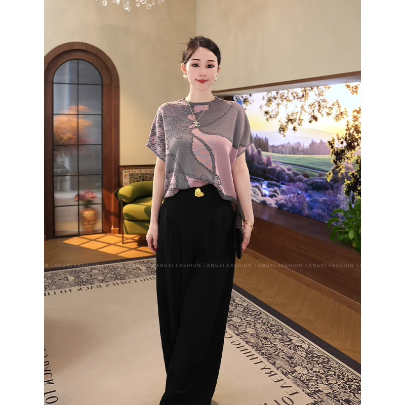 2025新款【7449】莱赛尔夏季必备立体印花短袖女显瘦显白百搭高级感