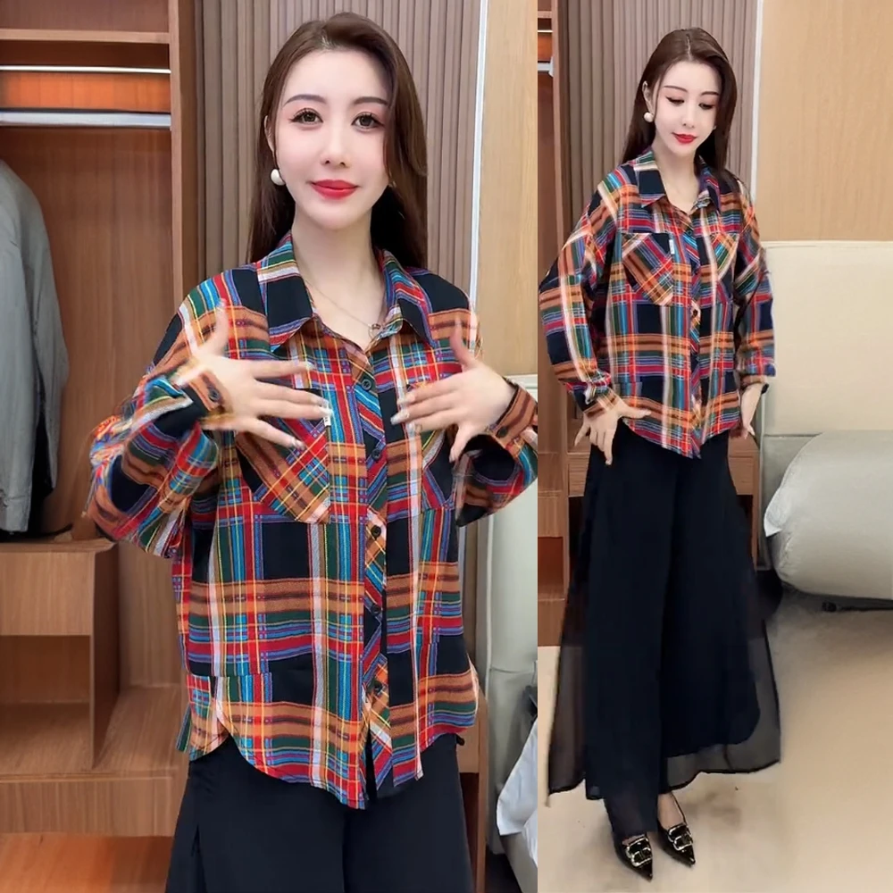 彩格纹衬衫女2025春季新款中长款上衣宽松减龄欧货复古格子衬衣秋