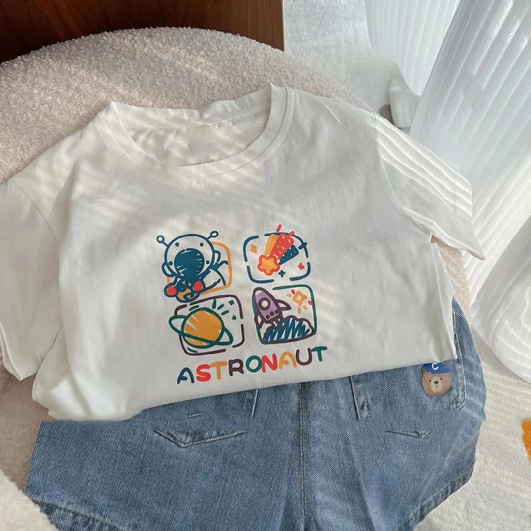 儿童时尚短袖T恤男女宝纯色卡通系列百搭韩版纯棉宝宝休闲半袖