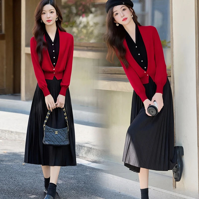 小香风V领红色两件套装2025针织时尚秋装女神显瘦气质洋气半身裙