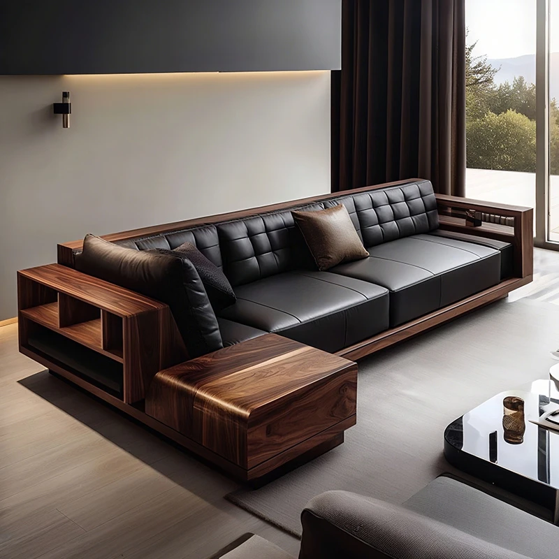 新款客厅拐角新中式北美黑胡桃木实木沙发轻奢高级实木真皮沙发