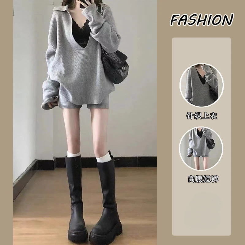2025套装女秋季韩系辣妹V领长袖针织毛衣上衣高腰显瘦短裤两件套