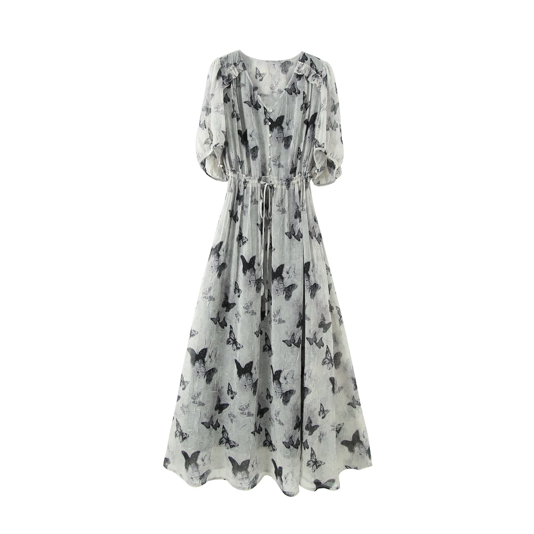 【鎏金蝶影】蝴蝶碎花女装连衣裙显瘦气质轻奢收腰裙子女236-118