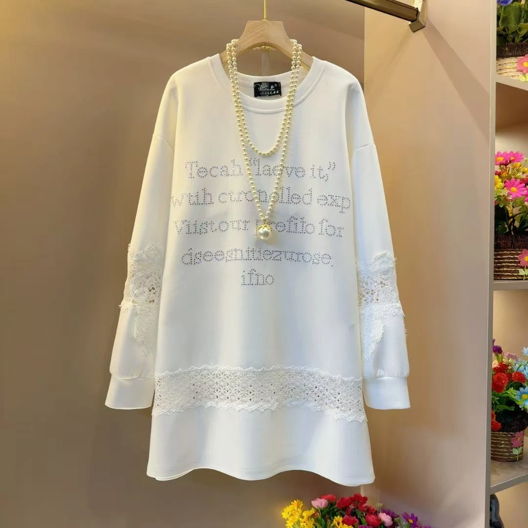 欧货烫钻字母镂空遮肉大衫衣长80左右休闲长袖T恤衫