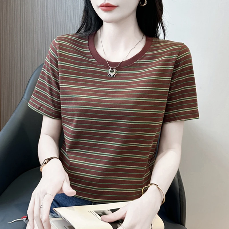 全棉短袖t恤女2025新款学生条纹半袖体恤衫百搭宽松遮肚正肩上衣