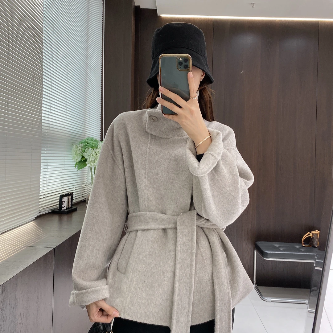 IMFLY金小金自制 绵羊毛大衣DYW8265双面呢系带短外套女冬装上新