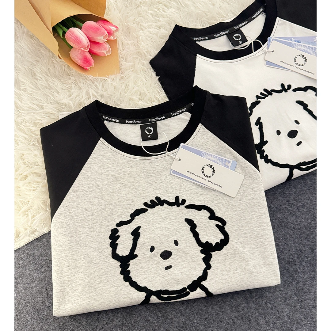 HandSeven大白可爱小狗t恤2025年新款圆领宽松抗皱凉感亲肤7A抗菌