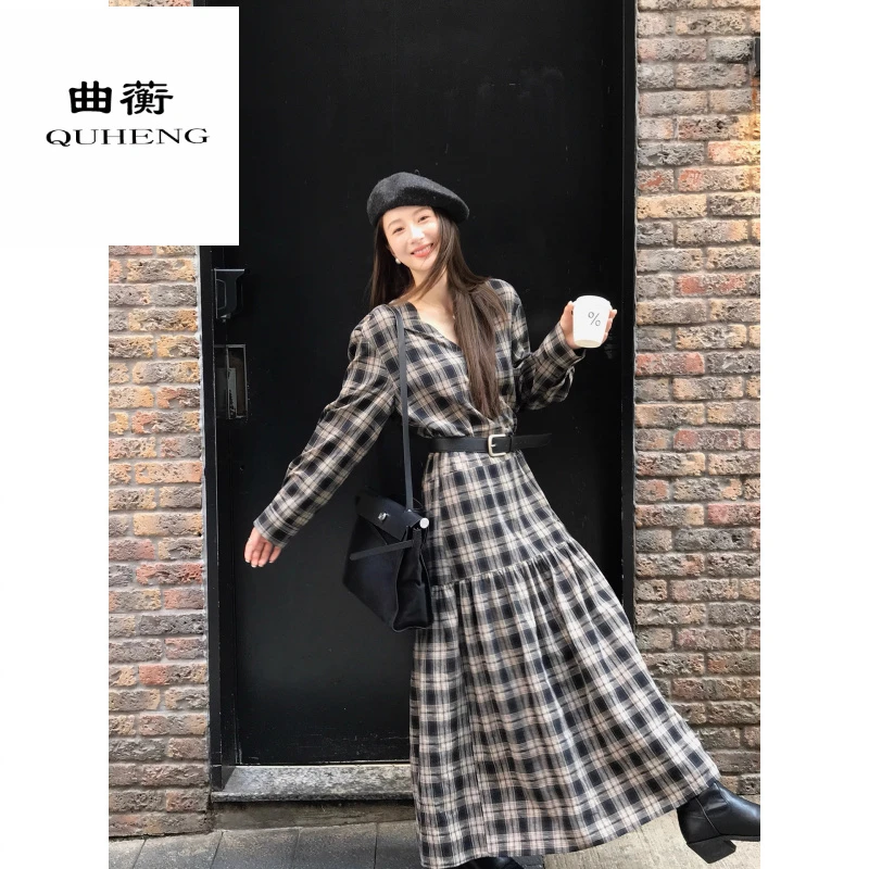 曲蘅复古显瘦气质格纹长袖中长款秋季收腰法式时尚赫本风裙子女