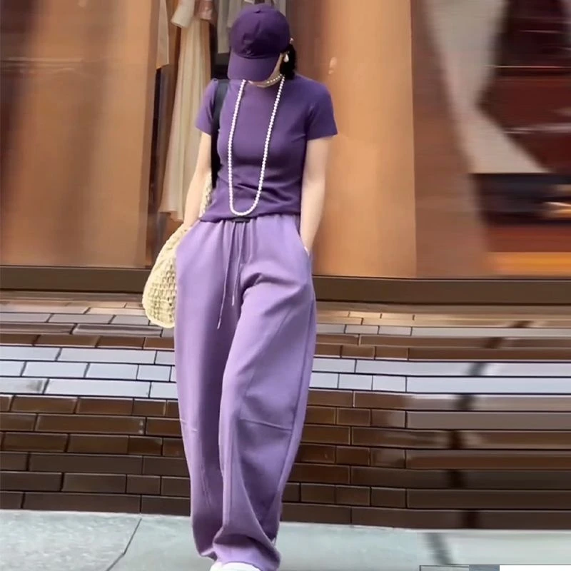 夏季紫色时尚休闲潮流套装女2025年新款短袖T恤遮肉高腰阔腿卫裤
