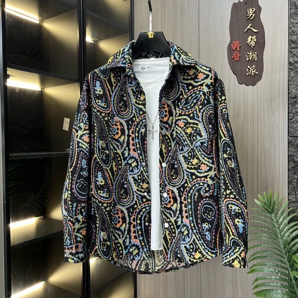 痞帅风秋款上新民族风潮男长袖翻领宽松时尚都市青年衬衫外套