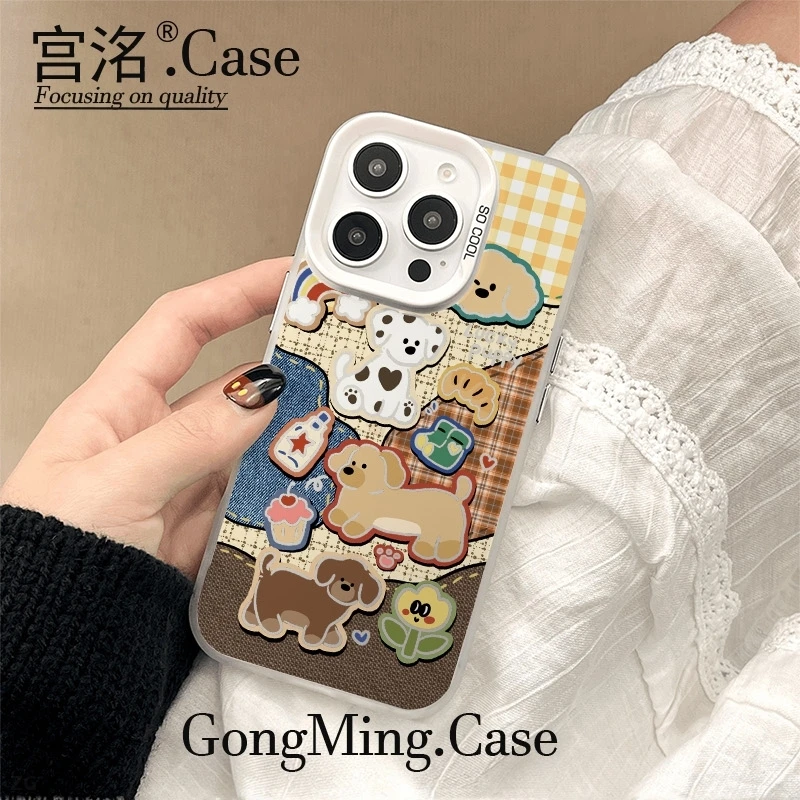 拼格布纹彩虹小狗彩银壳适用于iPhoneiPhone苹果16手机壳华为oppo