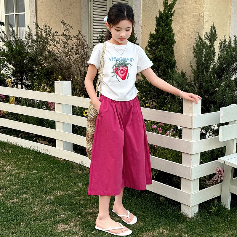 女童夏季短袖套装2025新款儿童洋气时髦T恤阔腿裤女孩夏装两件套