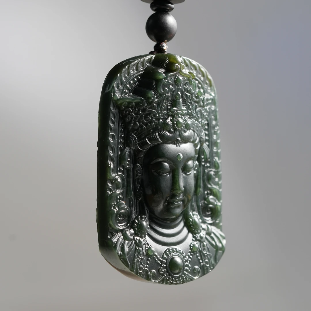 天然和田玉观音头吊坠满工满雕挂件项链