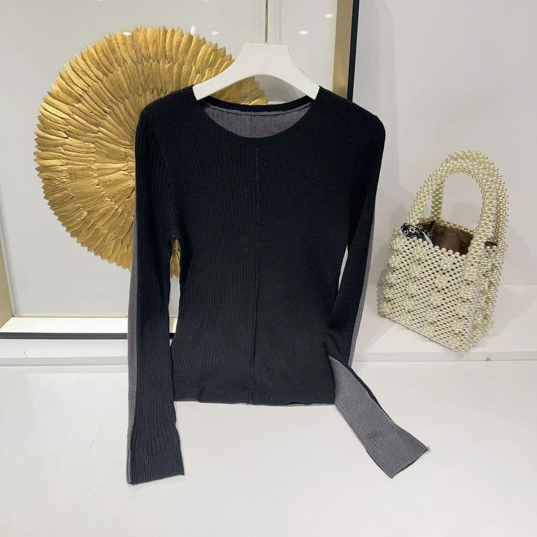 胸80-130长53AB面拼色圆领长袖毛针织衫上衣修身坑条 7717