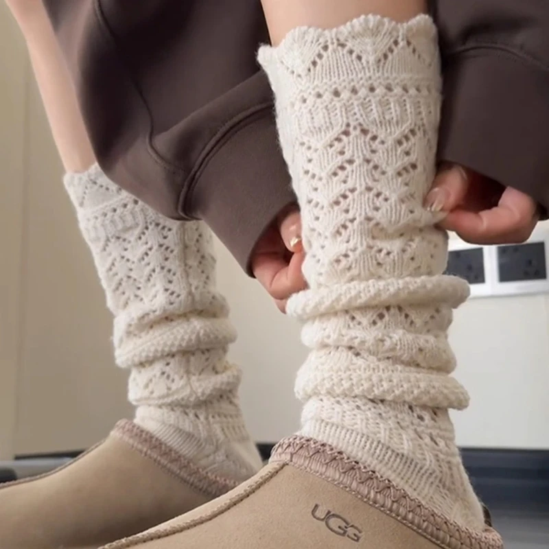 袜子女秋冬款保暖复古粗线针织堆堆袜ins纯色简约花边长筒小腿袜
