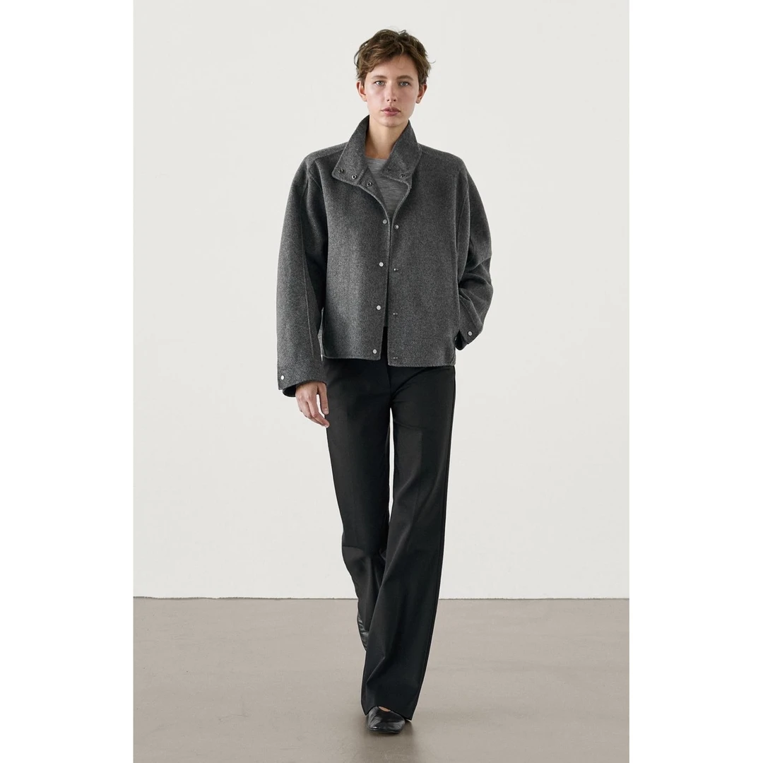 【城市日记】秋冬百搭气质通勤风黑色休闲短版毛呢大衣外套女士