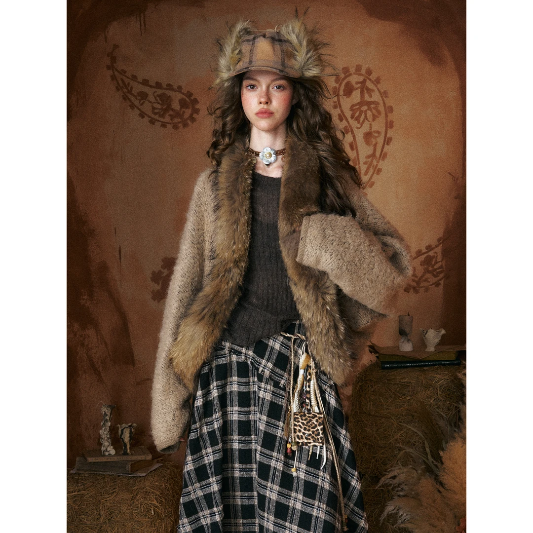 【kumii】冬季新款韩版真貉子毛门襟拼接兜感羽绒外套女短款设计感