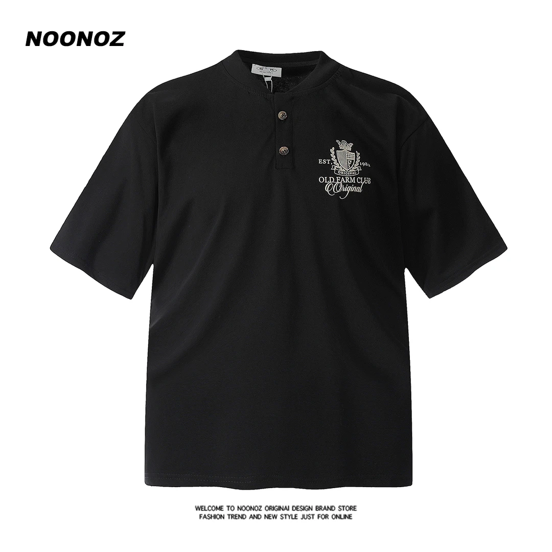 NOONOZ夏季新款徽章印花亨利领短袖T恤男宽松设计感潮牌美式上衣