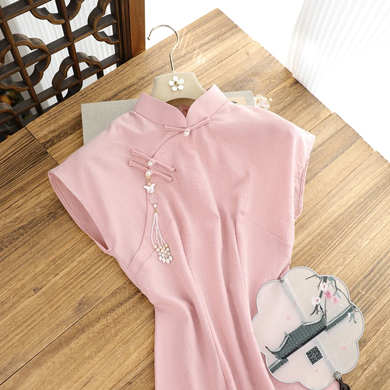 俏娘鱼2025年春夏新款国风素雅复古改良新中式短袖旗袍女日常可穿