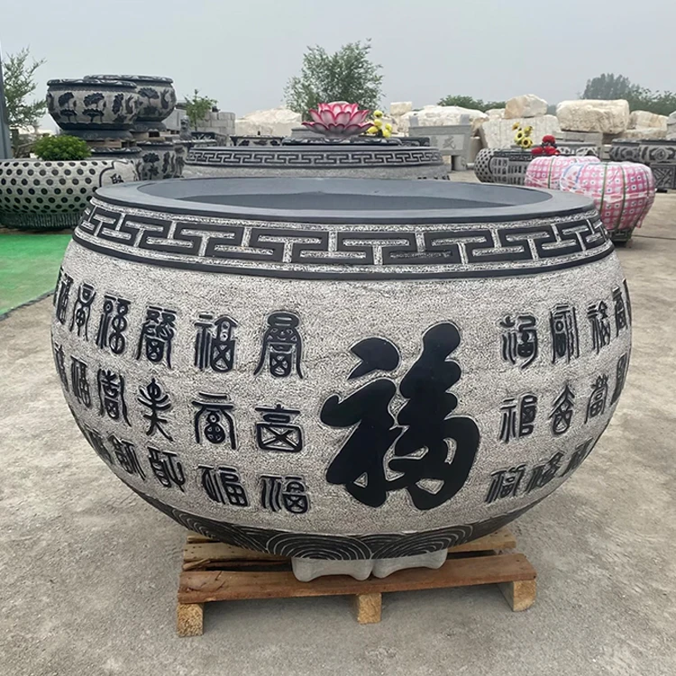 青石雕鱼缸养鱼石缸石头花盆长方形造景流水景观中式复古家用摆件