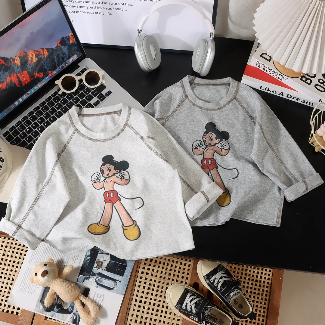 2025新款男童长袖T恤灰色圆领卡通无骨打底时尚百搭款