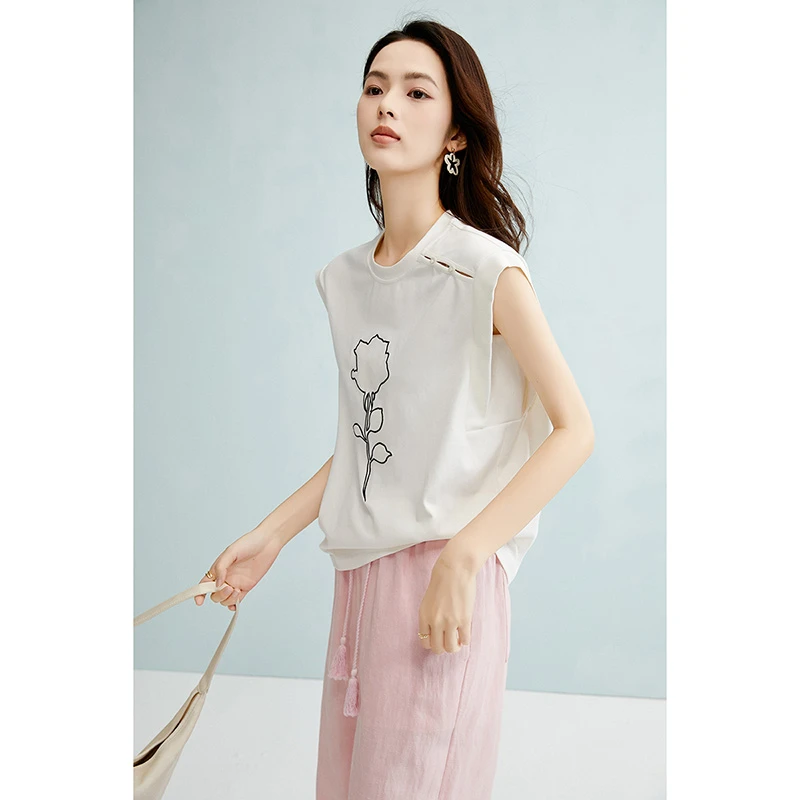 晚白【新品】2025早秋内搭单穿上衣棉质印花T恤衫女25032003