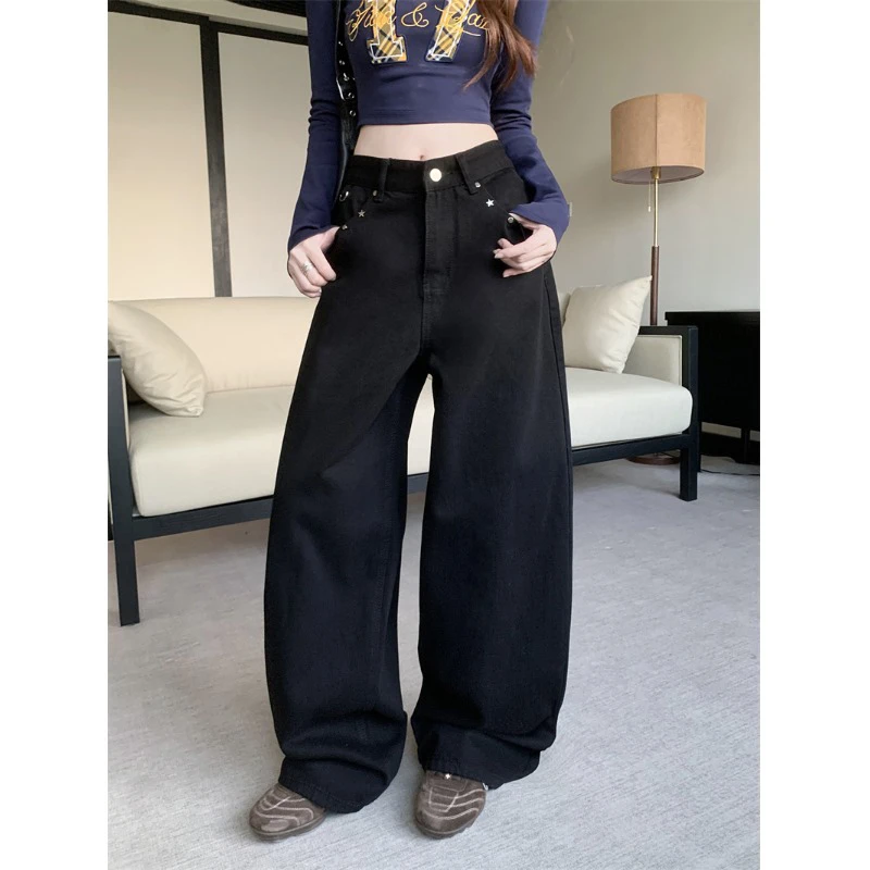 kumikumi美式重工铆钉牛仔裤阔腿裤女装秋季垂感高腰直筒裤拖地裤