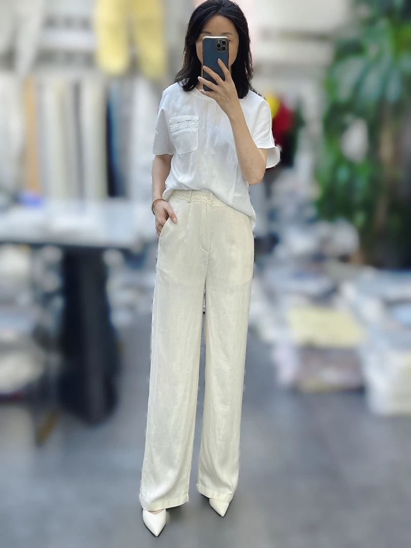 YSF新款拼蕾丝百搭轻薄透气亚麻阔腿裤5085