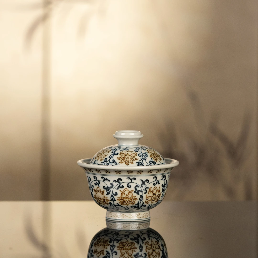 【利贞】釉里金青花缠枝莲大盖碗  约150cc 纯手绘制LQT