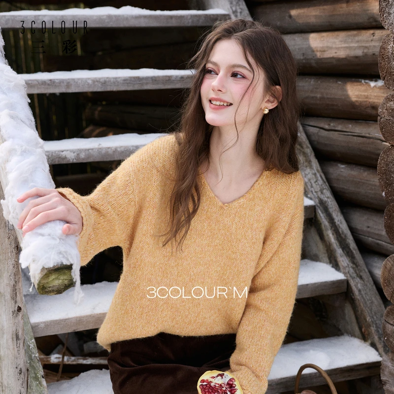 三彩2025冬季新款休闲简约V领针织衫落肩袖宽松套头毛衫上衣M