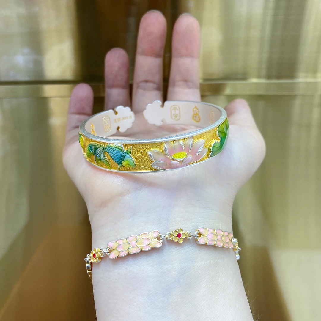 足银手镯 女士纯银手镯足银999.9鱼戏莲花珐琅描金银手镯国风实心