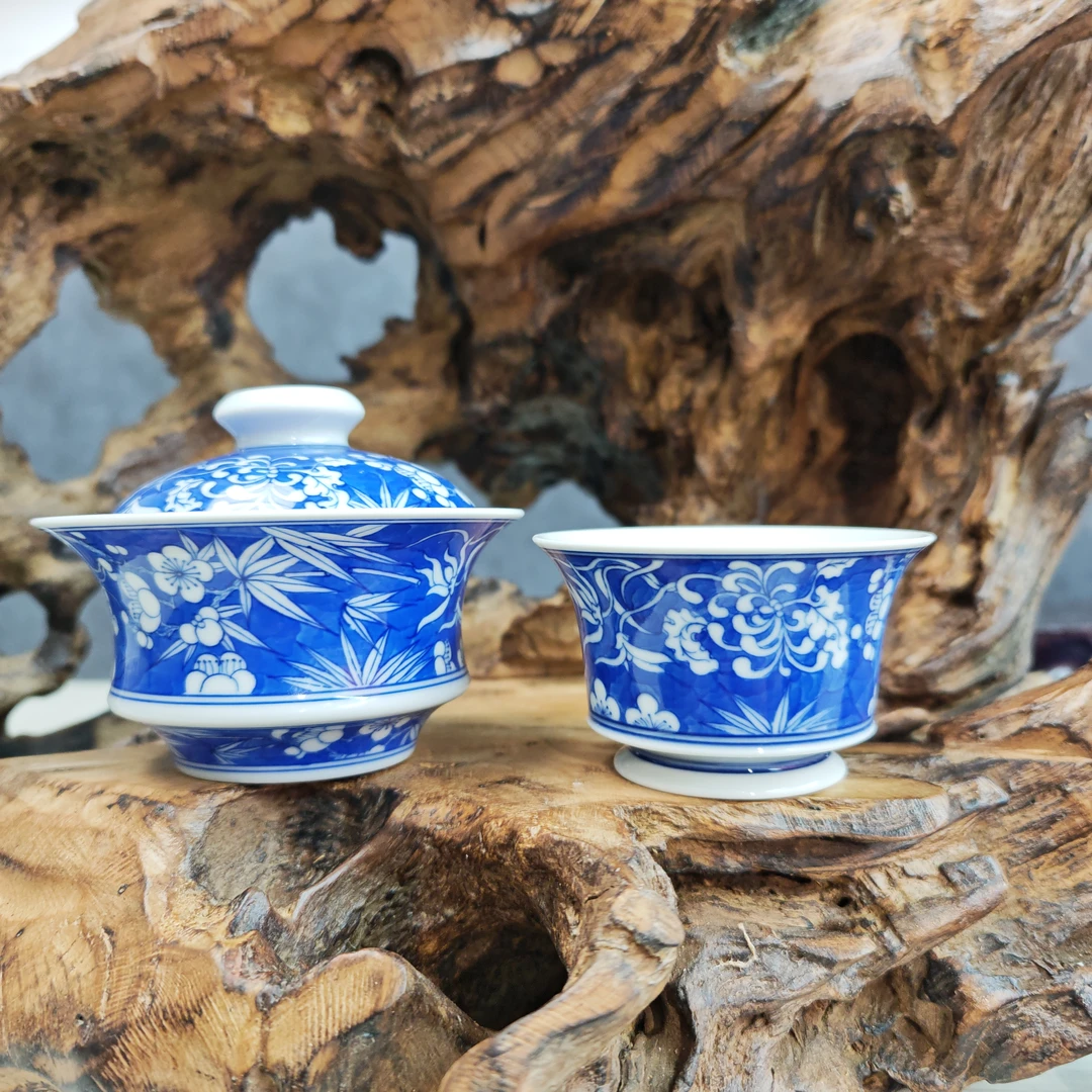 （陶月楼）柴窑 手绘青花梅兰竹菊盖碗主人杯陶瓷功夫茶具