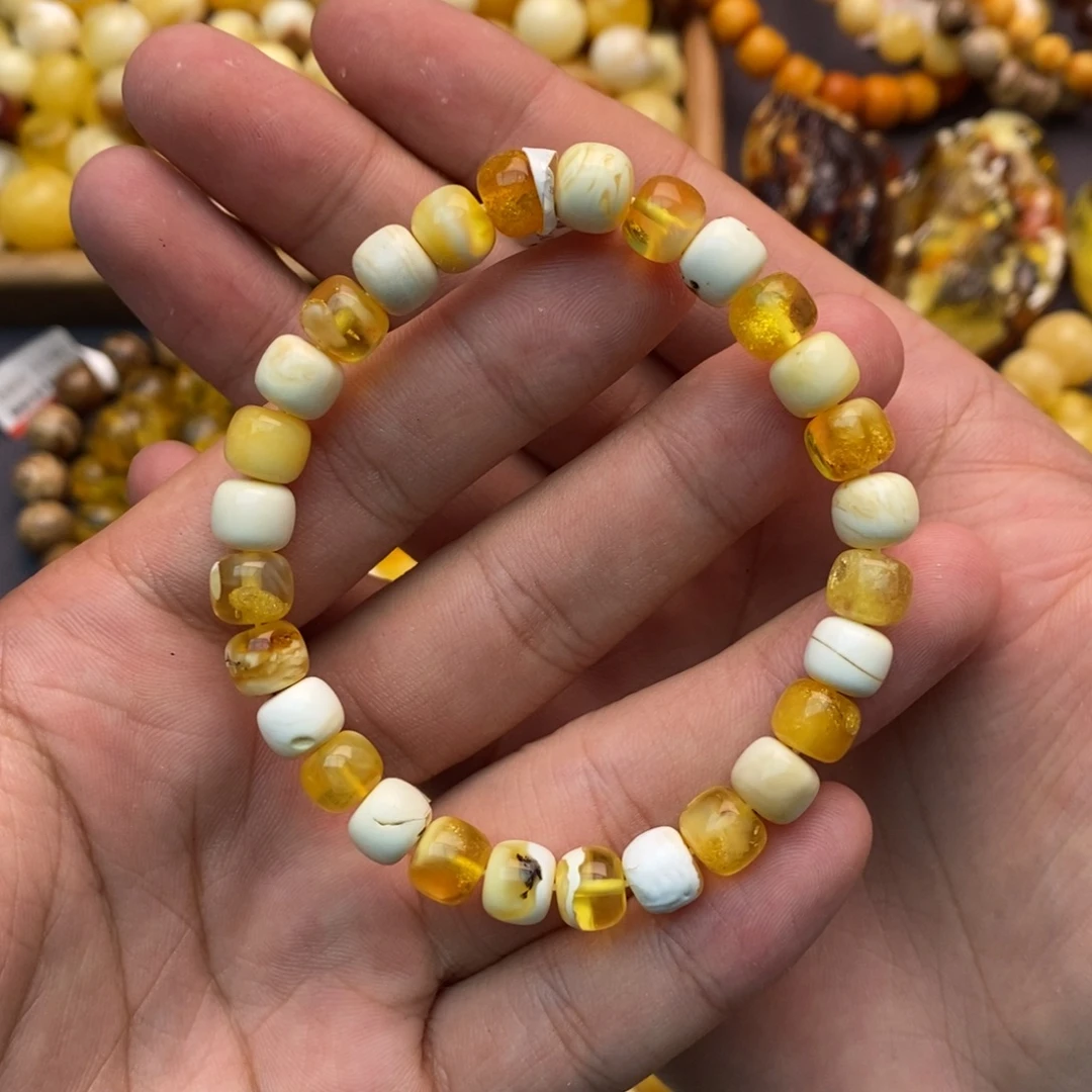 蜜蜡未镶嵌手串漆瓷白老型溶洞金沙爆花单圈有天然暇