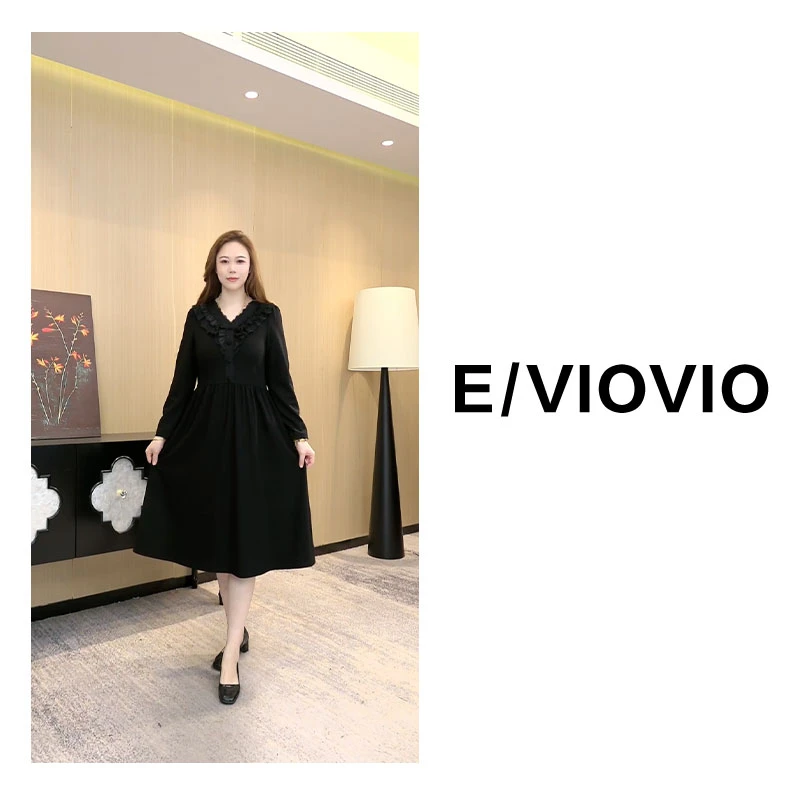 胖大今女装新款显瘦舒适气质长袖时尚黑色中长款连衣裙ZB6660