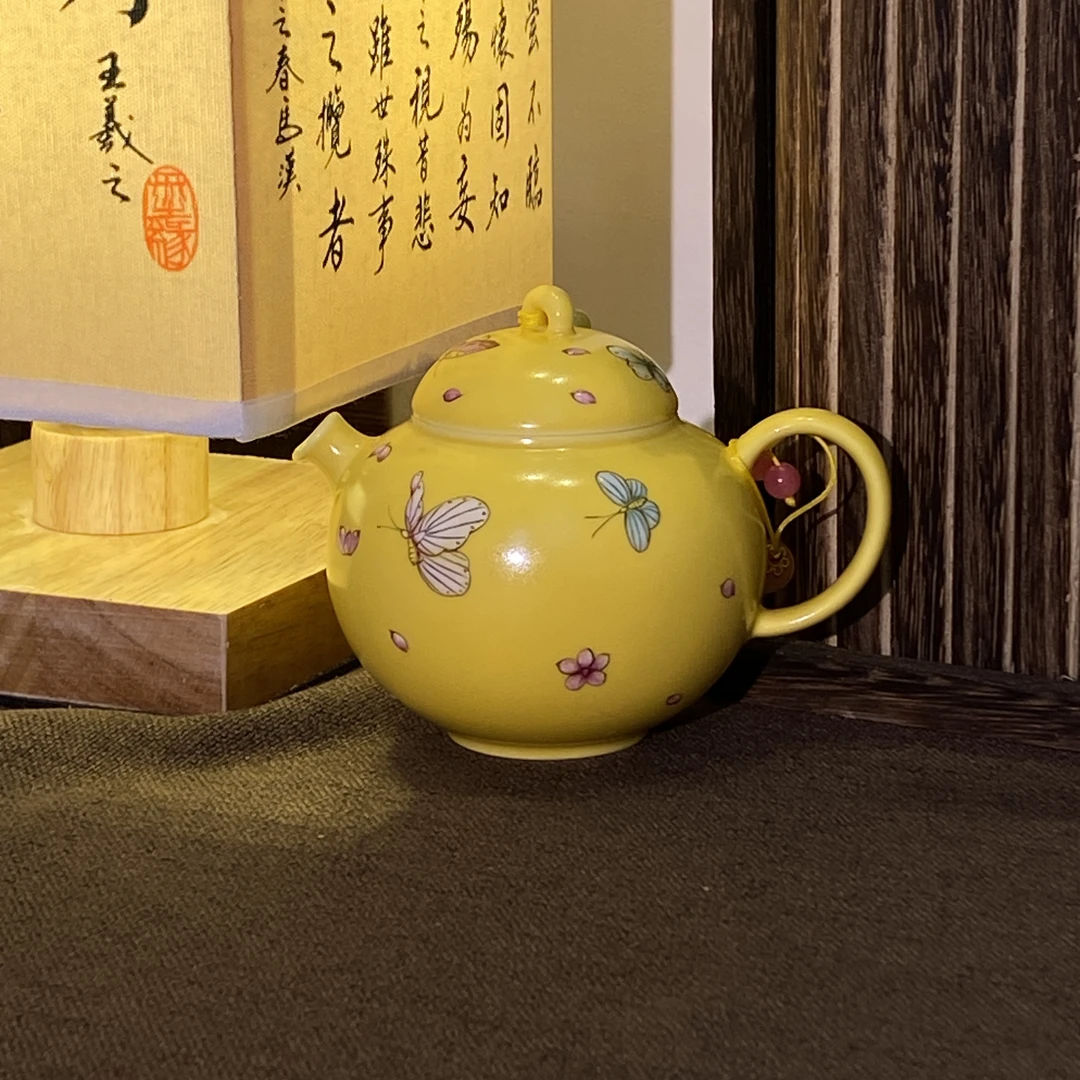 四海【鸡油黄蝴蝶手拉壶】手绘中式陶瓷复古茶道器具茶壶容量140ml