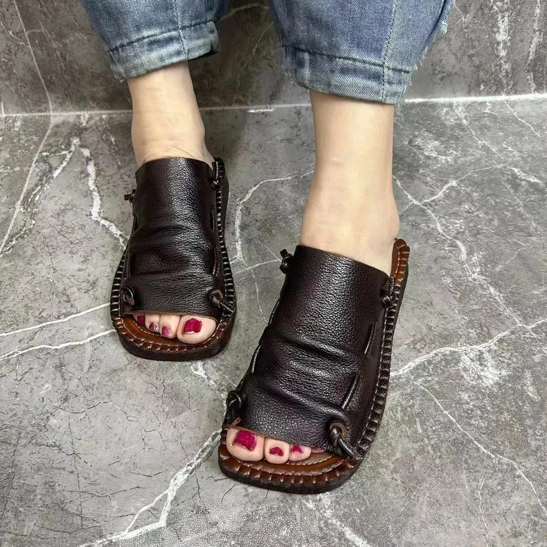 1319-7新品复古时尚牛皮软底舒适百搭休闲女士一字拖鞋