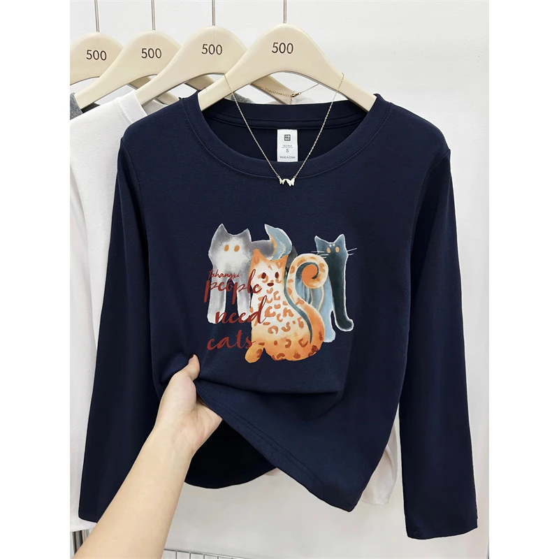 大码胖mm猫咪印花正肩长袖t恤女秋季新款韩版洋气显瘦打底衫上衣