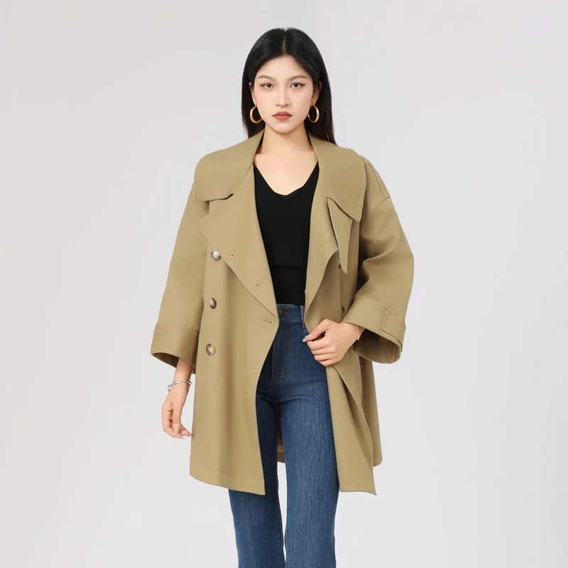 AMASS/阿玛施通勤气质百搭翻领双排扣宽松中长款风衣外套5400731