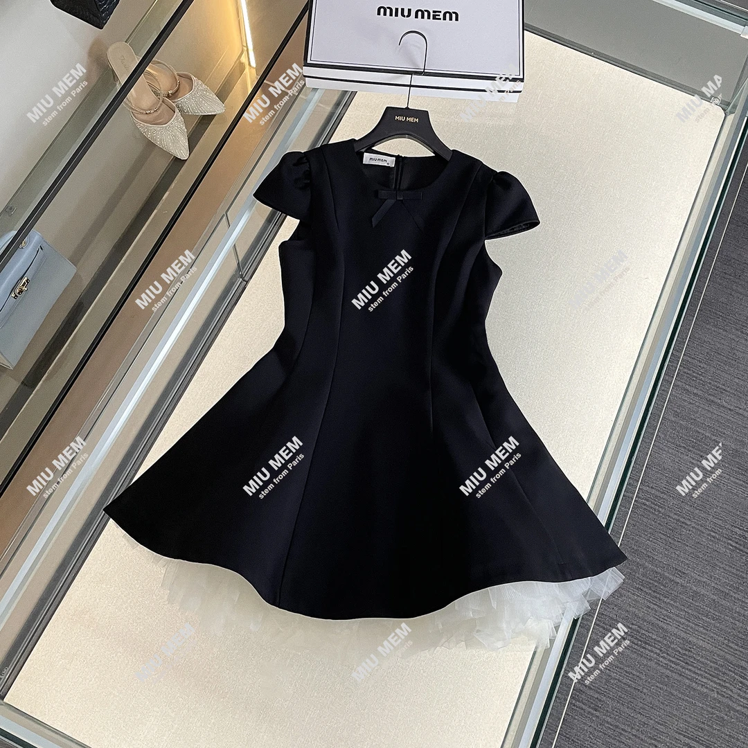 MIUMEM现货 夏季新款网纱拼接黑色短款立体蝴蝶结连衣裙DY6769