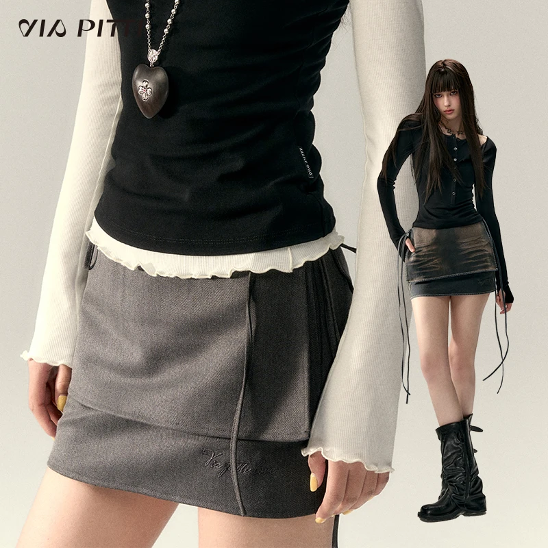 ViaPitti【官方专属】设计感假两件绑带西装牛仔半裙V25AS031